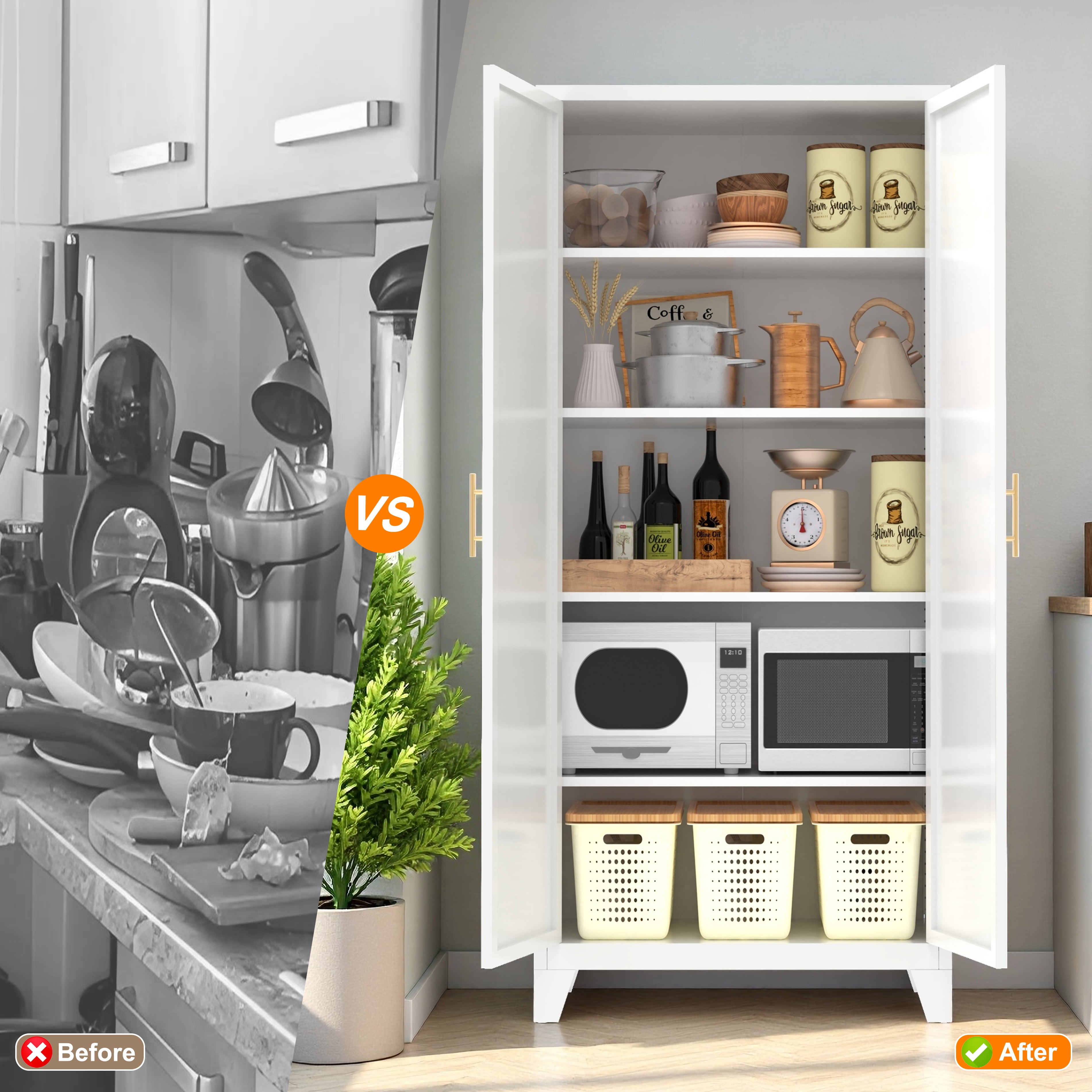 Aukfa 71" Tall Metal Pantry Cabinet,Kitchen Storage Cabinet with Adjustable Shelves for Kitchen, Dining Room, Living Room, White