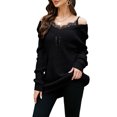 thumbnail image 1 of Suéter de manga larga con hombros descubiertos para mujer, Tops holgados con estilo con costuras de encaje, camisetas sin espalda con cuello en V, color negro L, 1 of 6