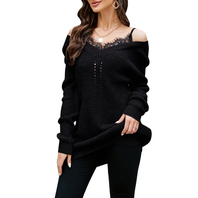 Suéter de manga larga con hombros descubiertos para mujer, Tops holgados con estilo con costuras de encaje, camisetas sin espalda con cuello en V, color negro L
