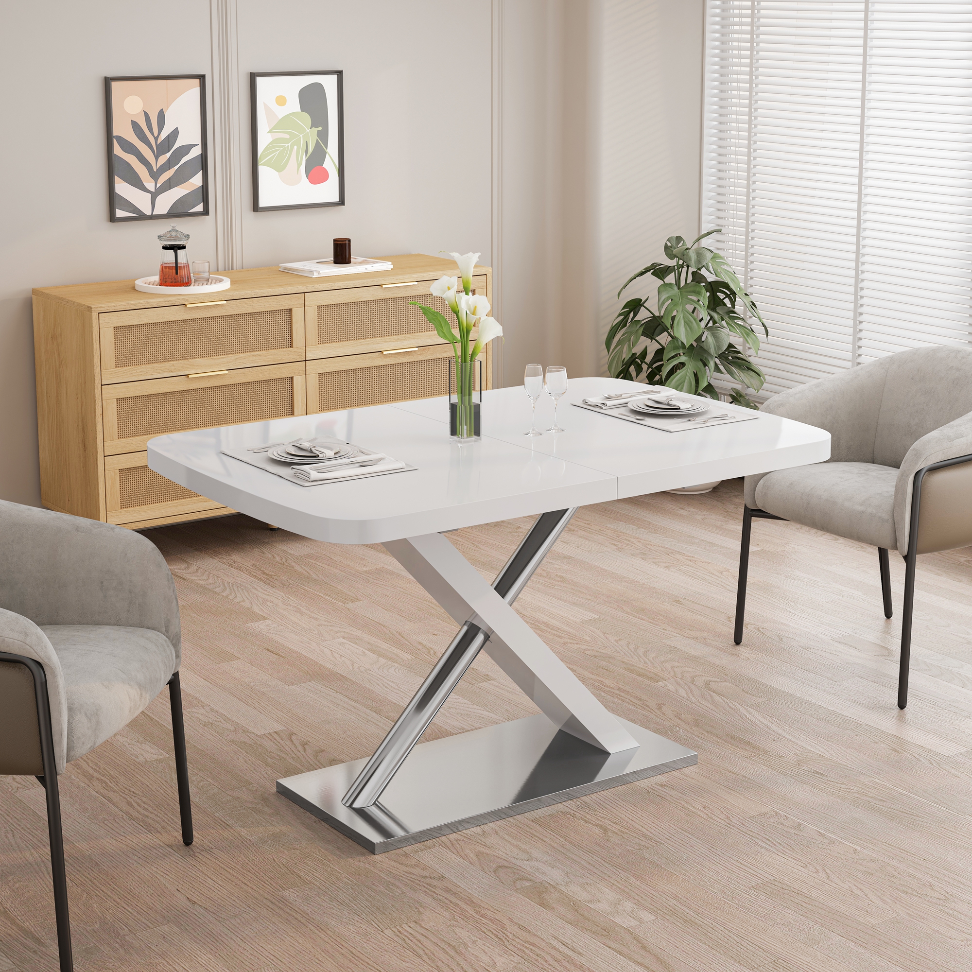 Glossy Dining Table for 4-6 People, 47.25"-63" Extendable Dining Table with Crossed Metal Base and Stainless Steel Tubes, Large Dining Table for Kitchen, (White)