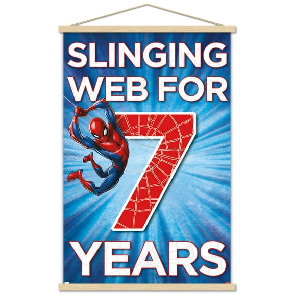 Marvel Spider-Man - Happy 7th Birthday Wall Poster with Wooden Magnetic Frame, 22.375" x 34"