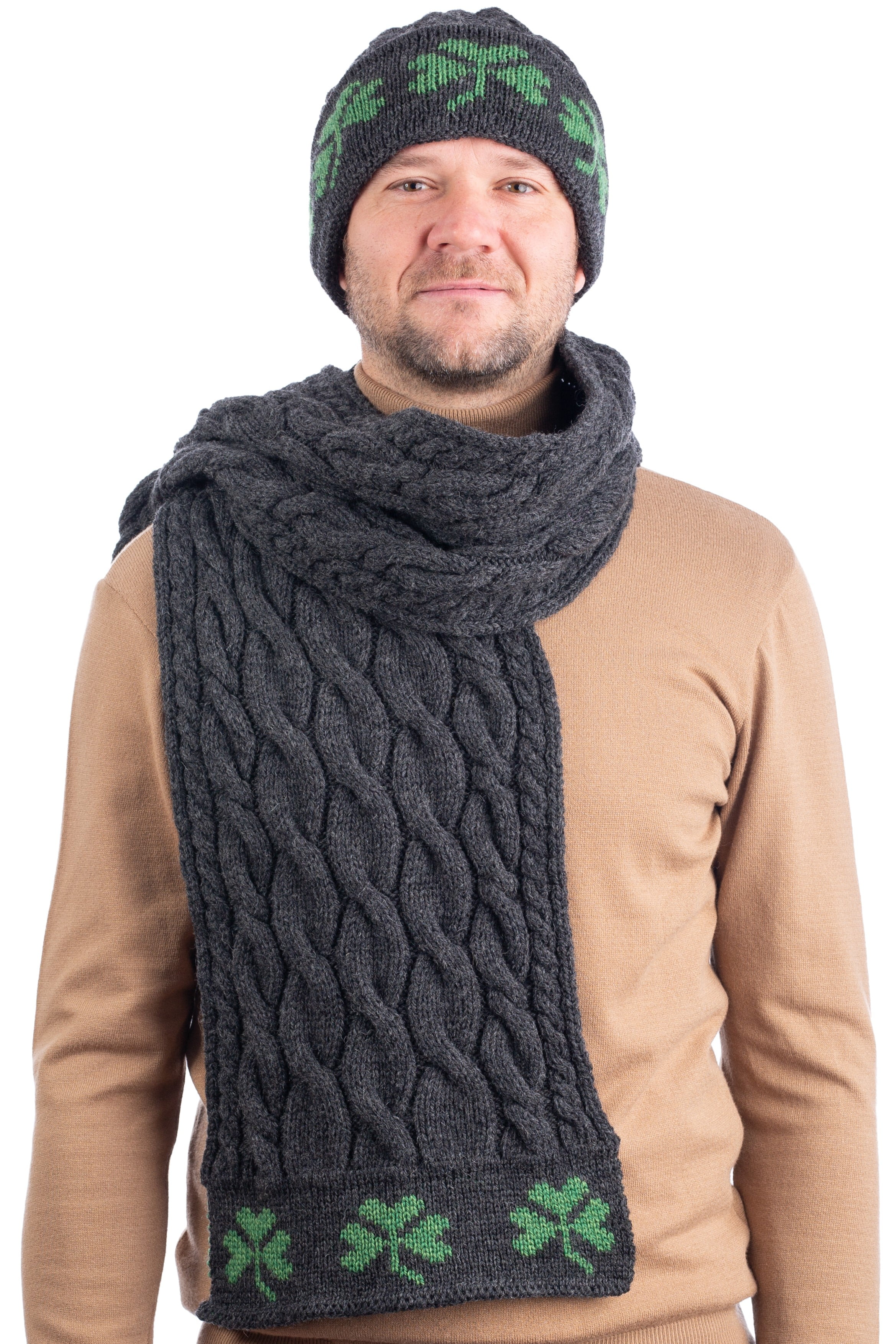 100% Merino Wool Cable Knit Scarf for Mens SAOL Three Shamrock One Size 