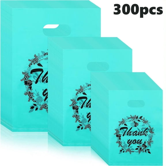 300Pcs Thank You Gift Bags, Small Gift Bags With Handles, Teal Bags With Floral Wreath Around Thank You Lettering Design, Suitable For Small Businesses, Parties, Weddings, Birthday Party Favors