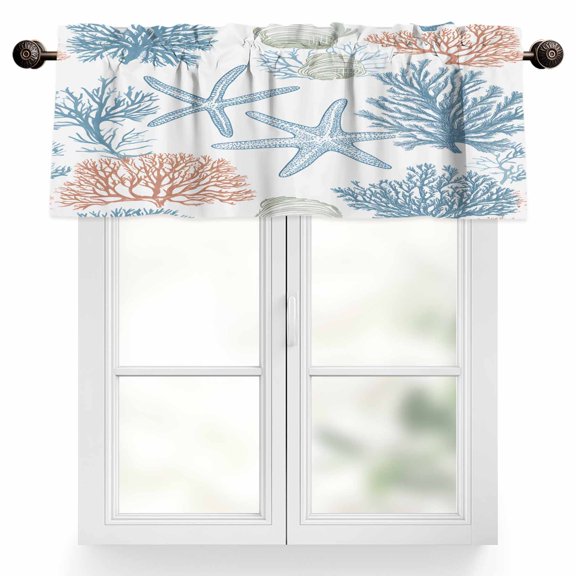 Summer Marine Life Valances for Windows, 42 x 18in, Ocean Coral Starfish Art Lines Rod Pocket Kitchen Valance Curtain Light Filtering Window Treatments for Living Room Bedroom, 1 Panel
