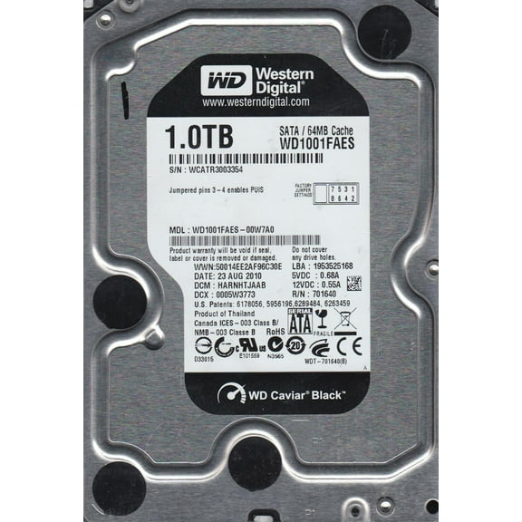 WD1001FAES-00W7A0, DCM HARNHTJAAB, Western Digital 1TB SATA 3.5 Hard Drive
