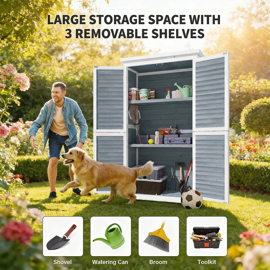 63.2" Outdoor Storage Cabinet with Adjustable Shelves, Aiho Wooden Outdoor Storage Shed with Lockable Double Doors for Backyard, Garden & Patio - Gray