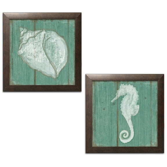Gango Home Decor Coastal Seahorse & Seashell by Mollie B. (Ready to Hang); Two 12x12in Brown Framed Prints