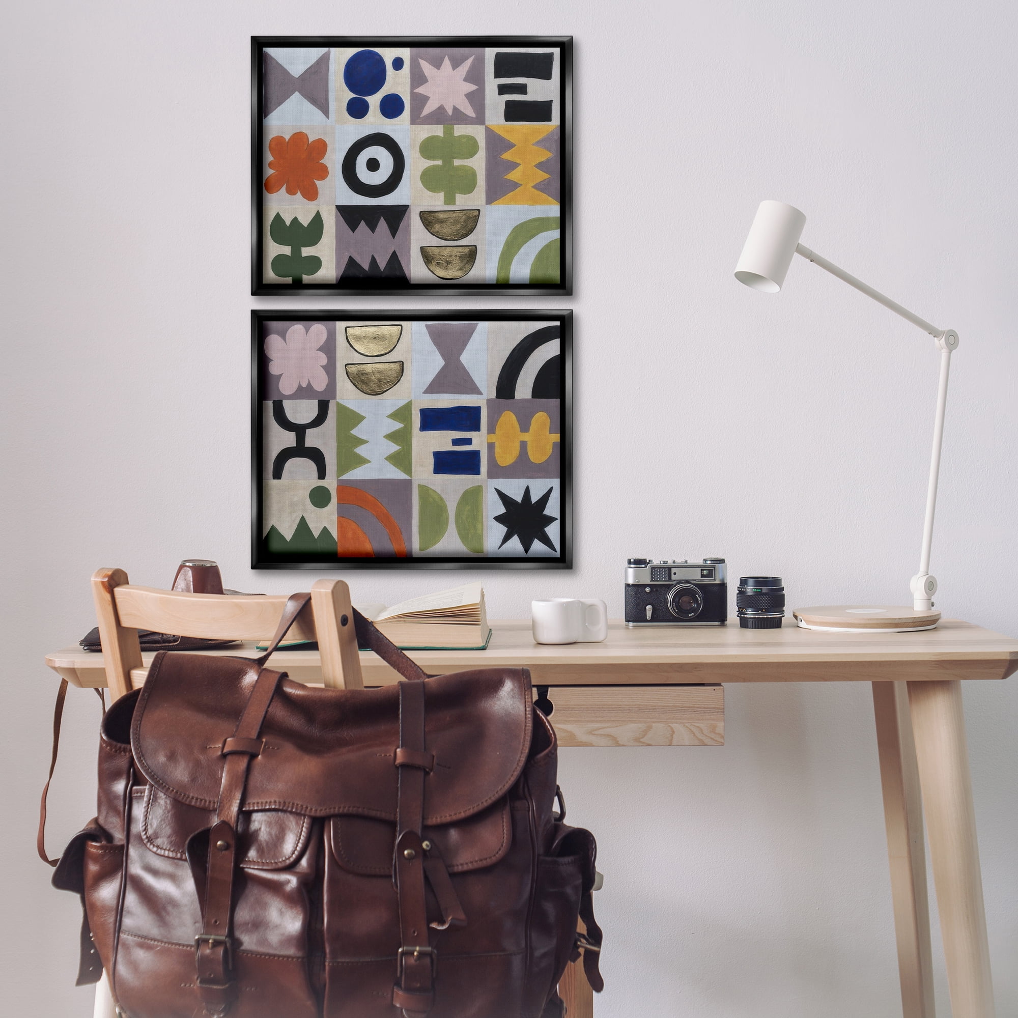 Stupell Industries Bohemian Shapes Squares Abstract Painting Black Floater Framed Canvas Art Print Wall Art, 21 x 17, Set of 2