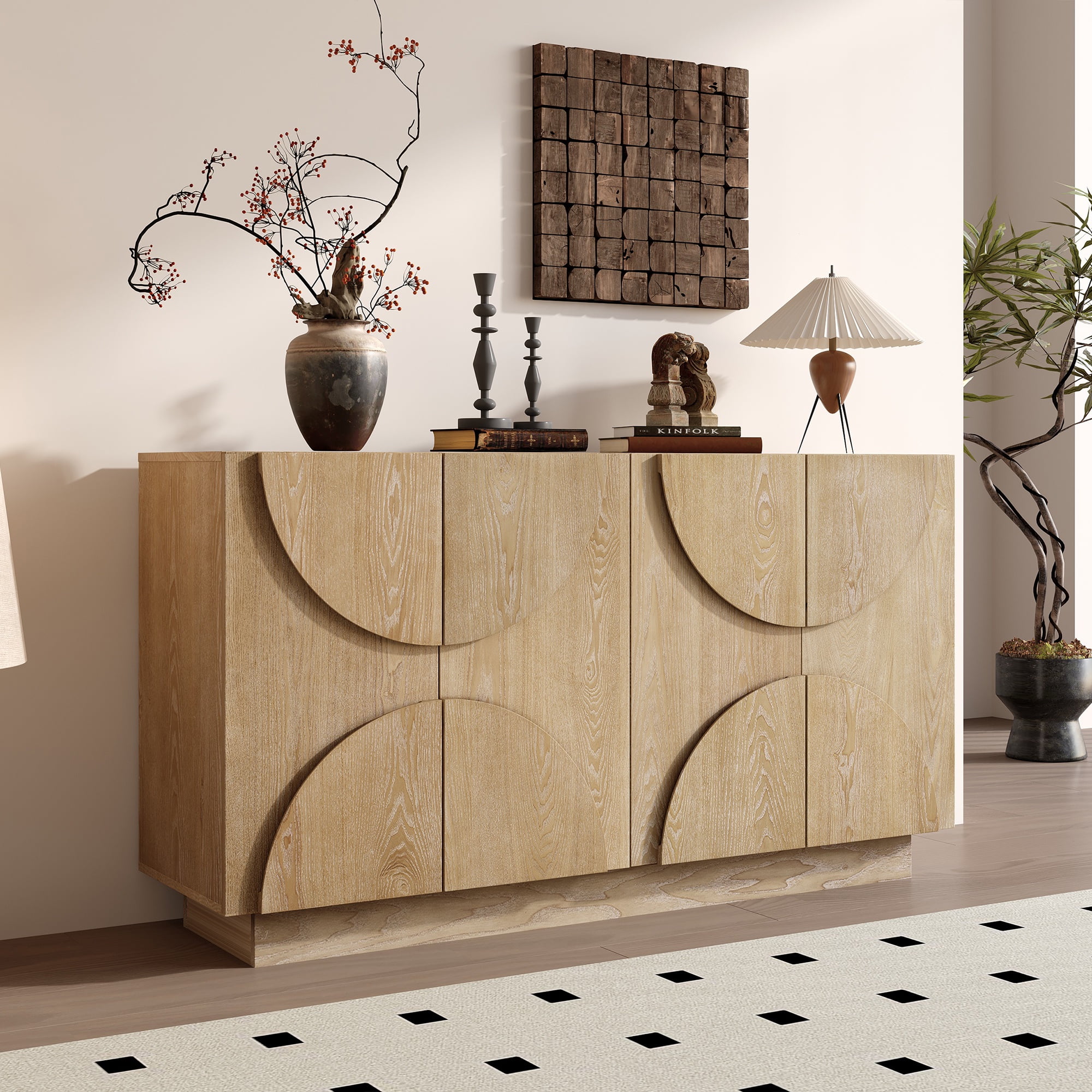 Atumon Buffet Cabinet, Accent Cabinet with 4 Doors, Buffet Cabinet with Adjustable Shelves, Wood Cabinet Furniture for Kitchen Dining Room Living Room, 56.3"L x 15.8"W x 31.3"H, Natural
