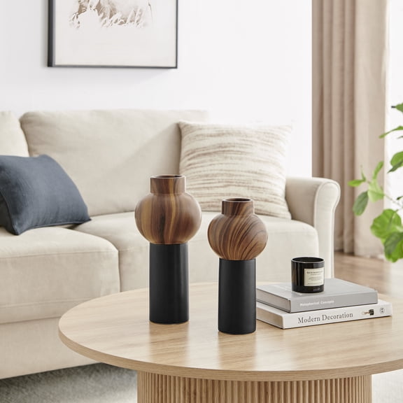 Milo Slickpin 2 Piece Modern Two Tone Tabletop Vase Set - Black and Walnut