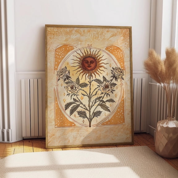 Sun Art Poster Mystical Folk Art Illustration Flowery Spiritual Print Botanical Rose, Boho Wall, Art Earth, Tones Flowery, Bedroom Decor, Unfreamed 8x12
