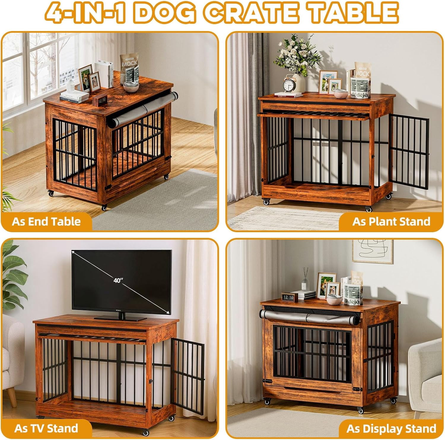 38" Wooden Dog Crate Furniture with Double Door, Lockable Wheels & Blackout Curtain – Decorative End Table Kennel for Large & Medium Breed Dogs, Vintage Brown
