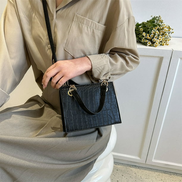 Bolso de hombro con diseño de piedra para mujer, bolso cruzado de cuero PU, bolso con cadena (negro)
