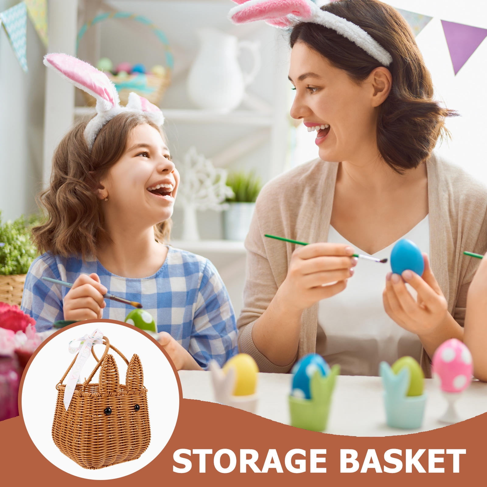 TEHAUX Brown Woven Bunny Handheld Basket for Easter Hunt, Candy Storage and Holiday Decoration
