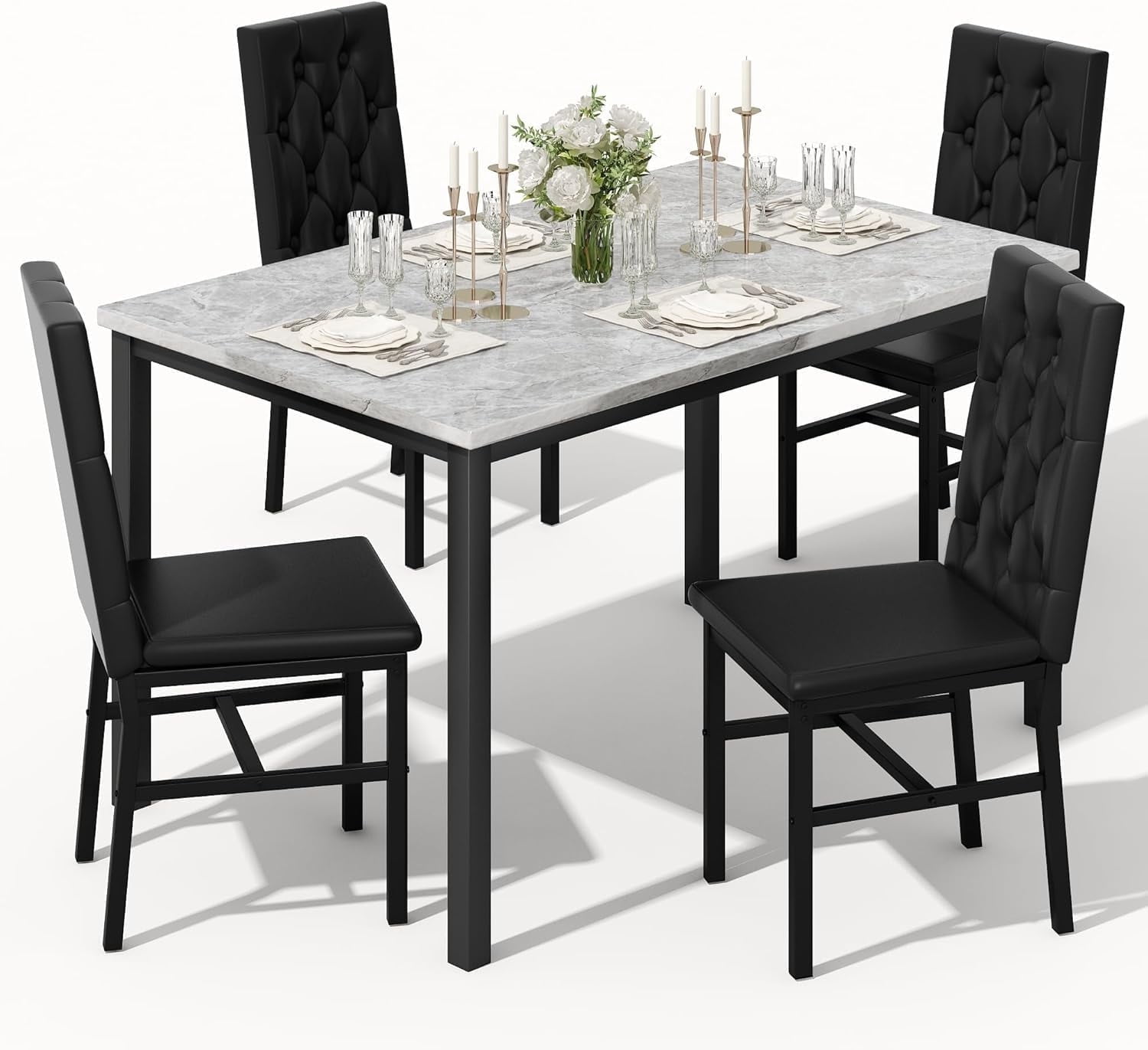 Baxluxe Marble Dining Table Set for 4, Gray Faux Marble Kitchen Table and Chairs Set, 5 Pieces Rectangle Dining Table with 4 Leather Dining Chairs, Dining Set for Small Space, Pub, Gray+Black
