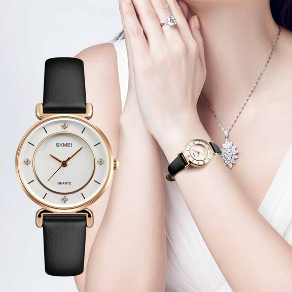 Elegant Women's Watch with Diamonds - Slim Leather or Stainless Steel Band, Small Casual Dress Watch for Petite Wrists