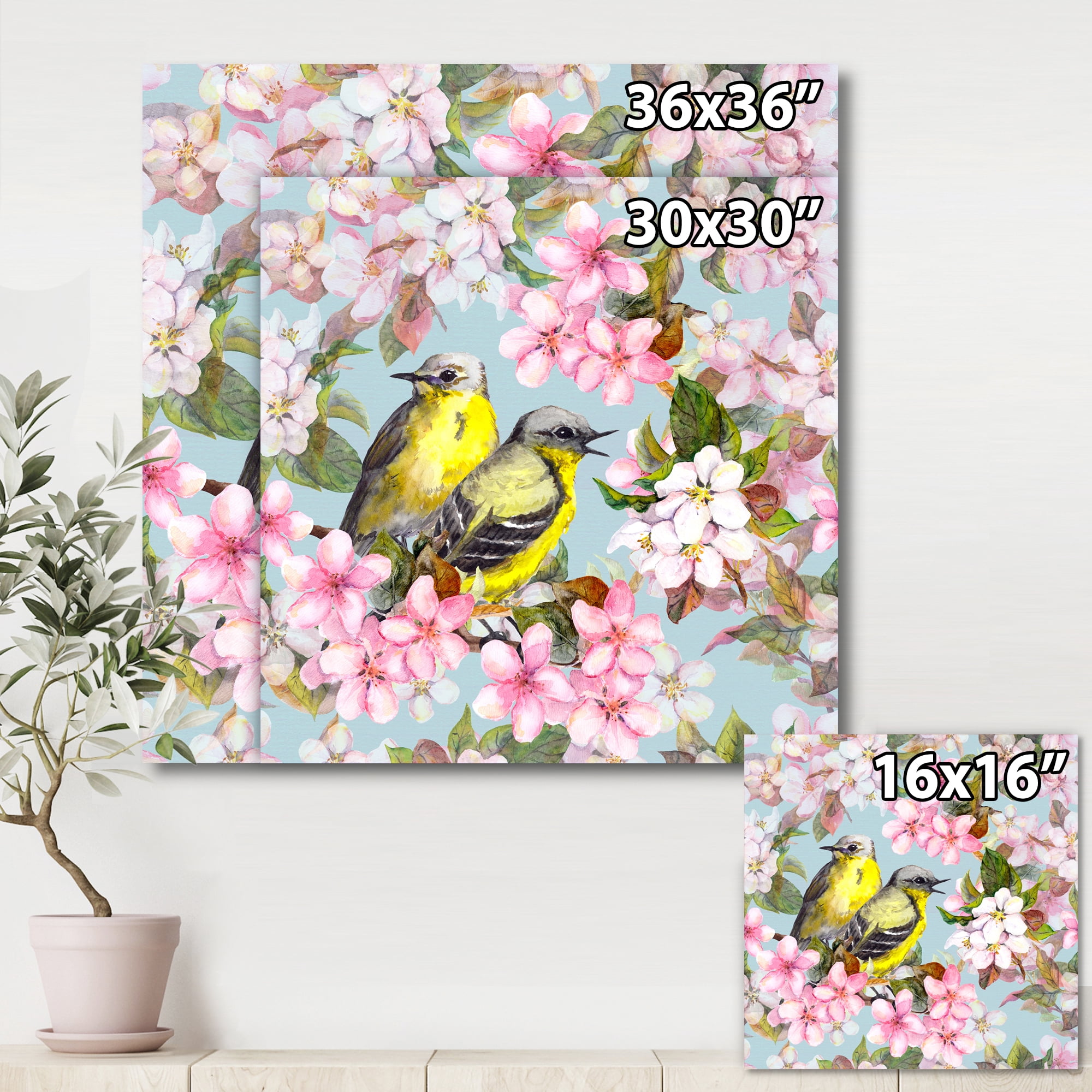 Designart ' Birds On Pink Cherry Sakura and Apple Flowers II ' Traditional Canvas Wall Art Print