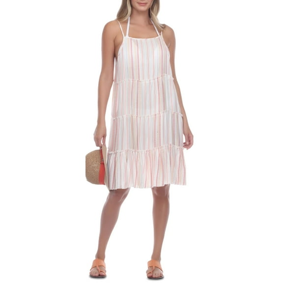 Raviya WHITE/ORANGE Tiered Striped Cover-Up Dress, US Medium