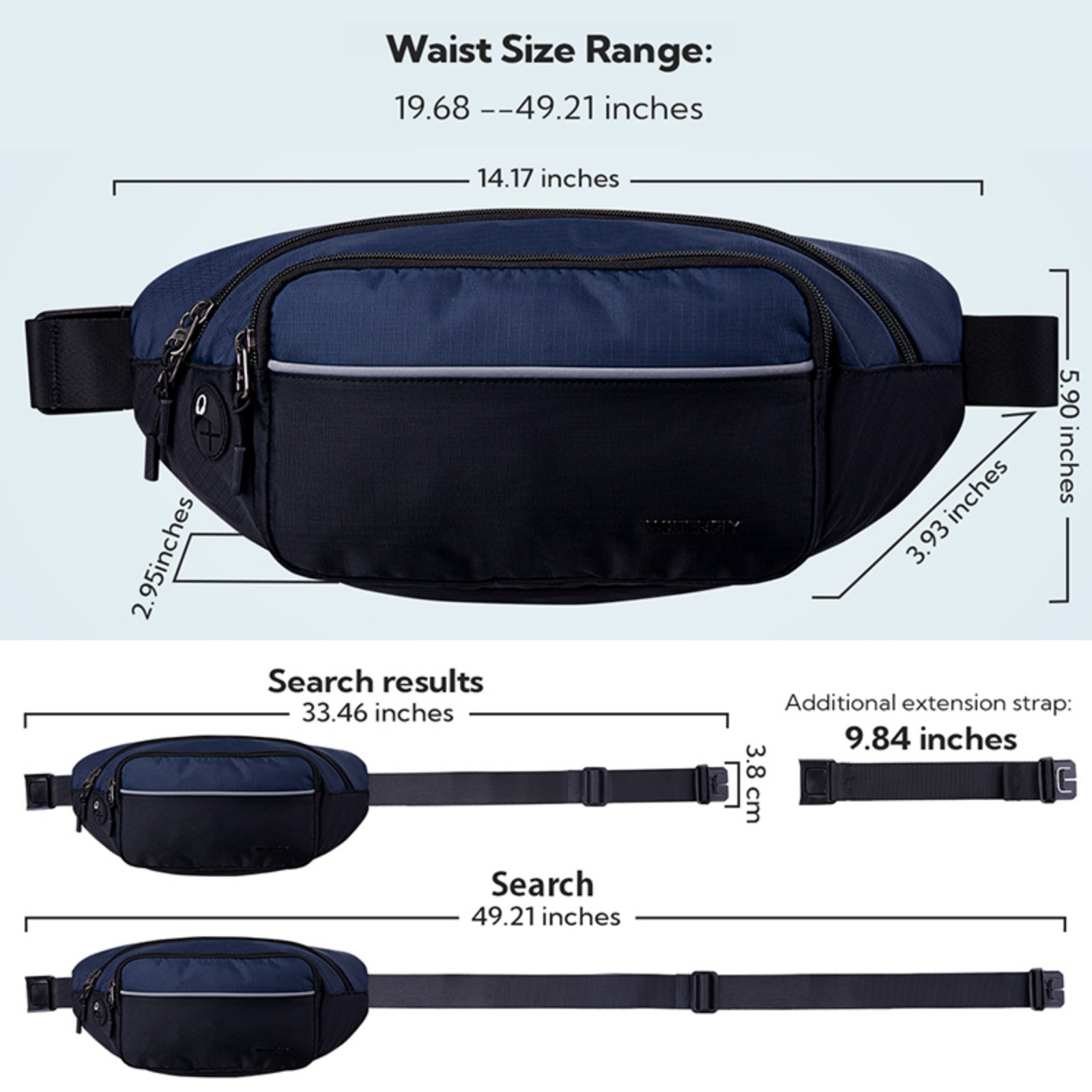 WATERFLY Unisex Hiking Walking Travel Nylon Fanny Pack Waist Bag,Black with Dark Blue