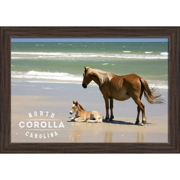 Corolla, North Carolina - Horses on Beach - Banker Pony & Foal on Beach - Lantern Press Photography (18x12 Giclee Art Print, Gallery Framed, Espresso Wood)
