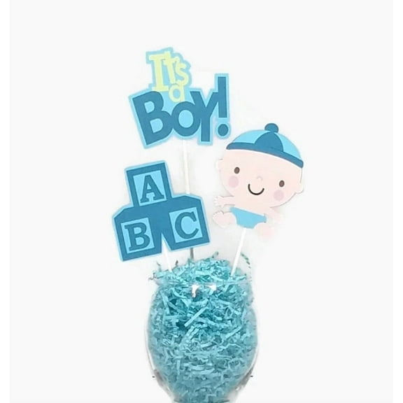 ZYLER- Baby Boy Centerpiece Sticks Cake Toppers With Baby Blocks Shower Decorations
