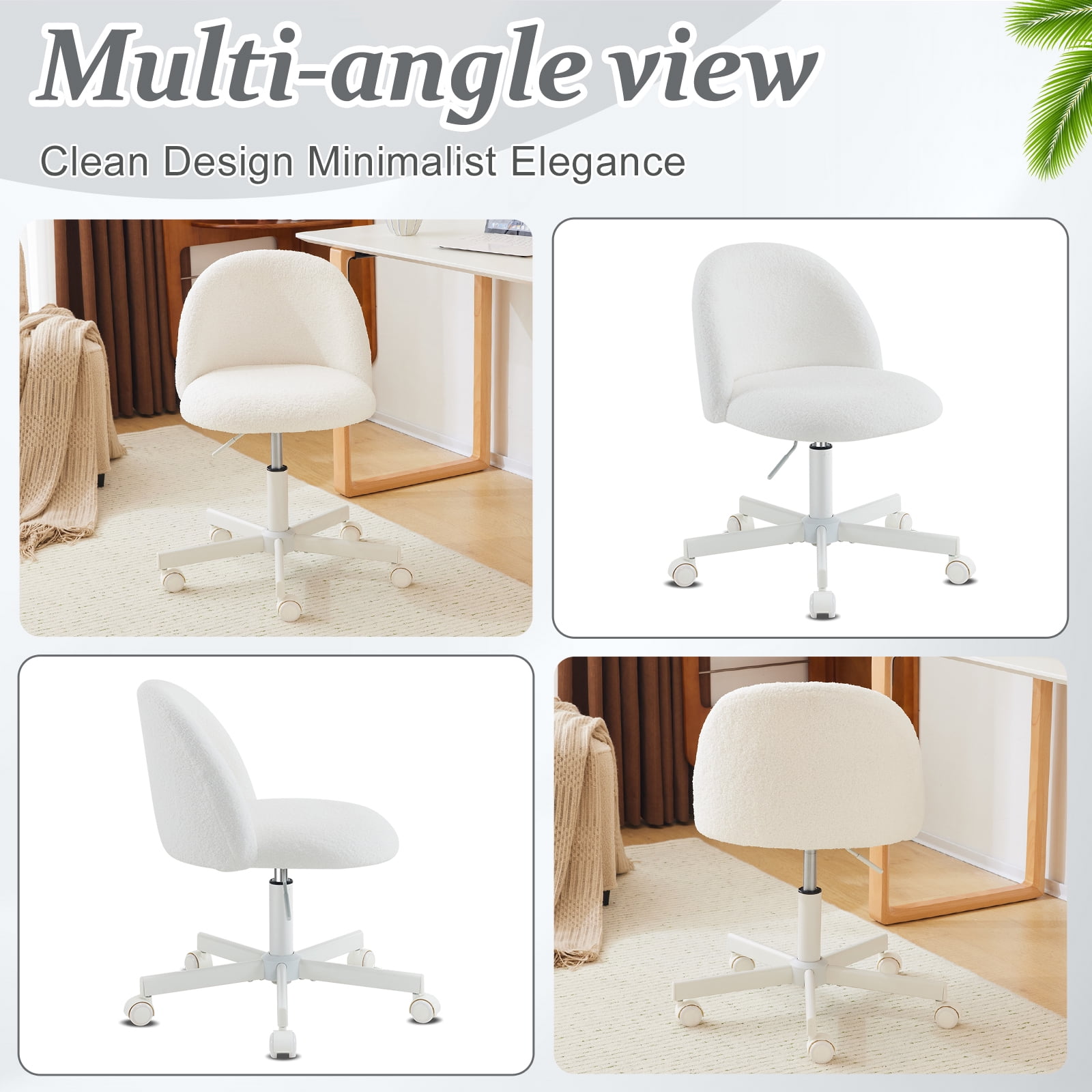 Ktaxon Armless Home Office Desk Chair Cute Mid Back Vanity Stool Teddy Velvet Swivel Task Chairs with Wheels White