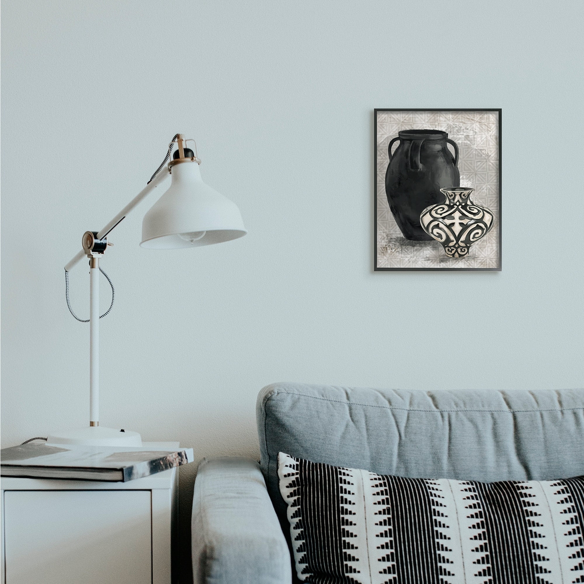 Stupell Industries Ornate Ceramics over Grey Geometric Pattern Gray Framed by Daphne Polselli