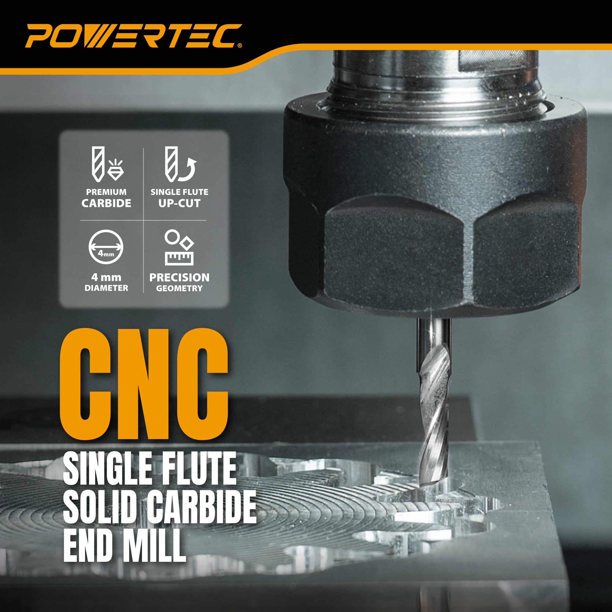 POWERTEC 4PK CNC Aluminum Cutting End Mill – 4mm Single Flute Carbide Bit, 12mm Cut Length, 4mm Shank, High Chip Evacuation Router Bit for Soft Metals, Wood & Plastics (73072)