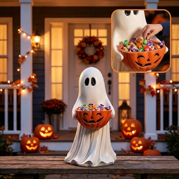 Halloween Decorations, Halloween Candy Bowl, Resin Ghost Decor with Pumpkin, Outdoor Halloween Decorations for Porch Tabletop