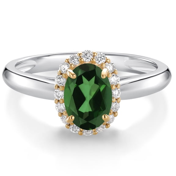 Gem Stone King 925 Sterling Silver and 10k Yellow Gold Emerald Envy Mystic Topaz and White Lab Grown Diamond Halo Engagement Ring for Women (0.93 Cttw, Gemstone, Oval 7X5MM, Size 9)