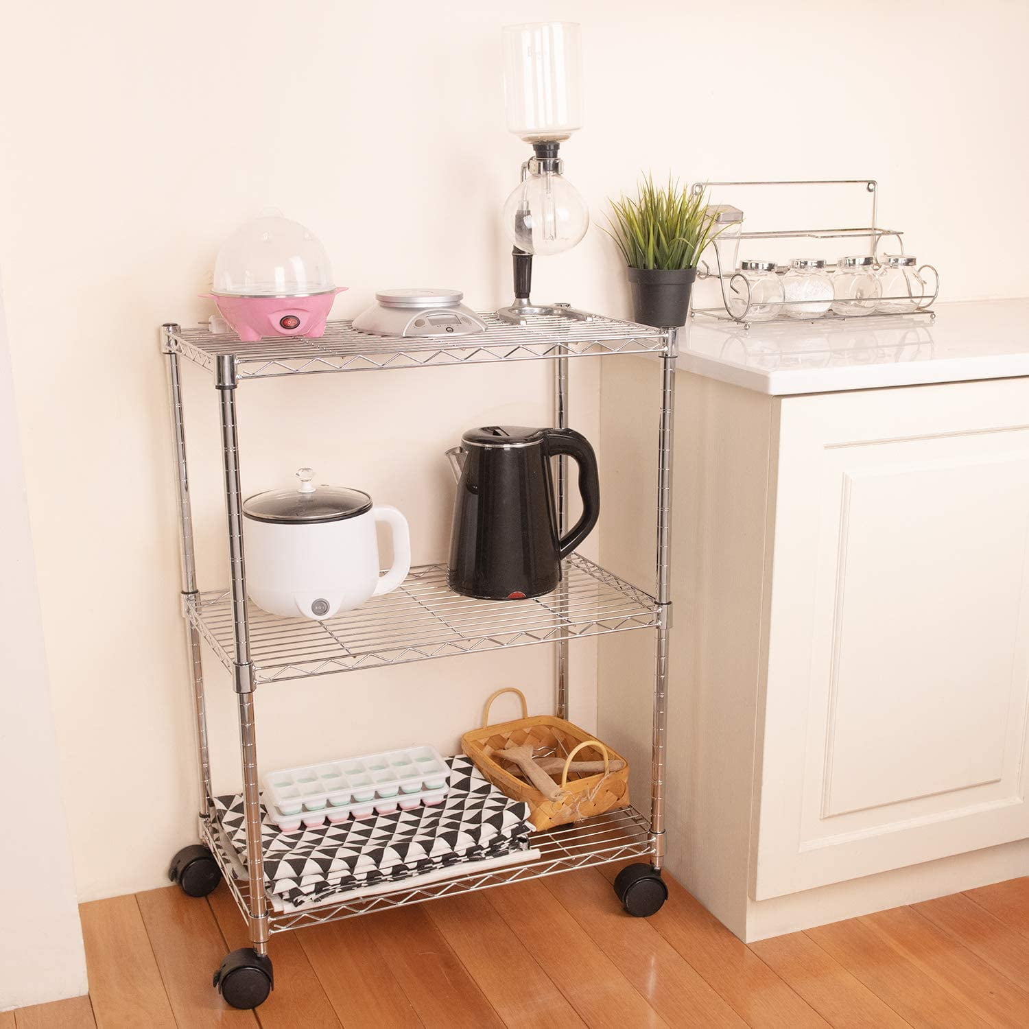 YSSOA Heavy Duty 3-Shelf Shelving with Wheels, Adjustable Storage Units, Steel Organizer Wire Rack, Chrome
