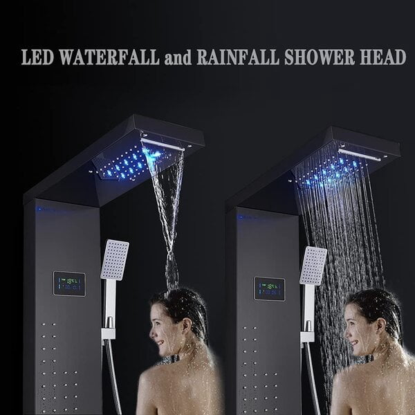 Black LED Shower Panel Tower System Rain&Waterfall Massage Jets Stainless Steel
