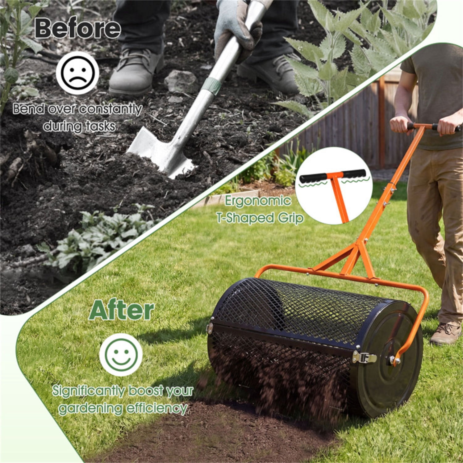 24" Lawn Topdressing Spreader with 0.75"×0.5" Mesh, Compost Spreader for Soil Sand Fertilizer Orange