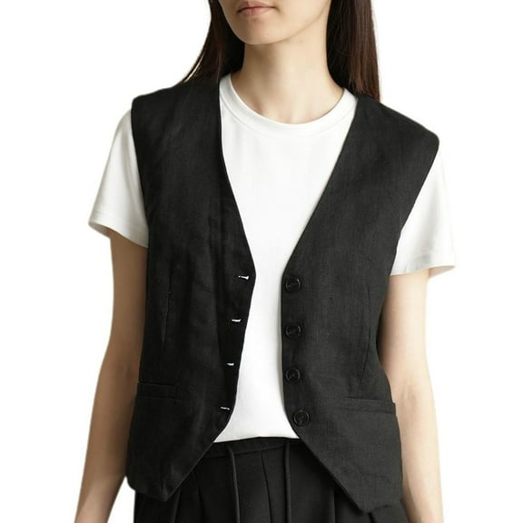 SWSMCLT Women's V Neck Waistcoat Soft Linen Slim Fit Blazer Suit Jacket Fashion Summer Top Dressy Vest Lightweight Casual Business Button Down Black Small