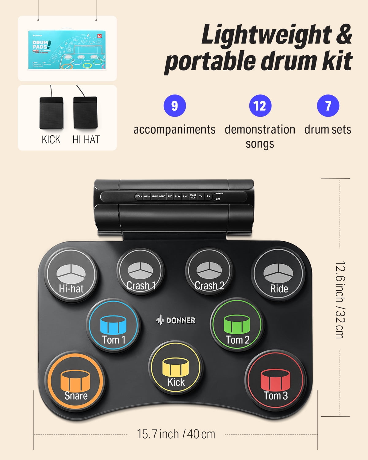 Donner 9 Pads Kids Adults Electronic Drum Sets Kit with Dual Speaker, Musical toys Drum
