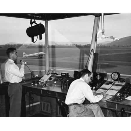 Two technicians working in an air traffic control tower Elmira Airport Elmira New York State USA Stretched Canvas -  (18 x