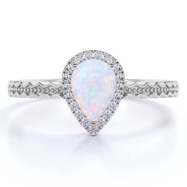 JeenMata Anillo de Compromiso Curvo Exclusivo con Ópalo en Forma de Pera y Moissanita de 1,75 Uds en Oro Blanco de 18 K sobre Plata