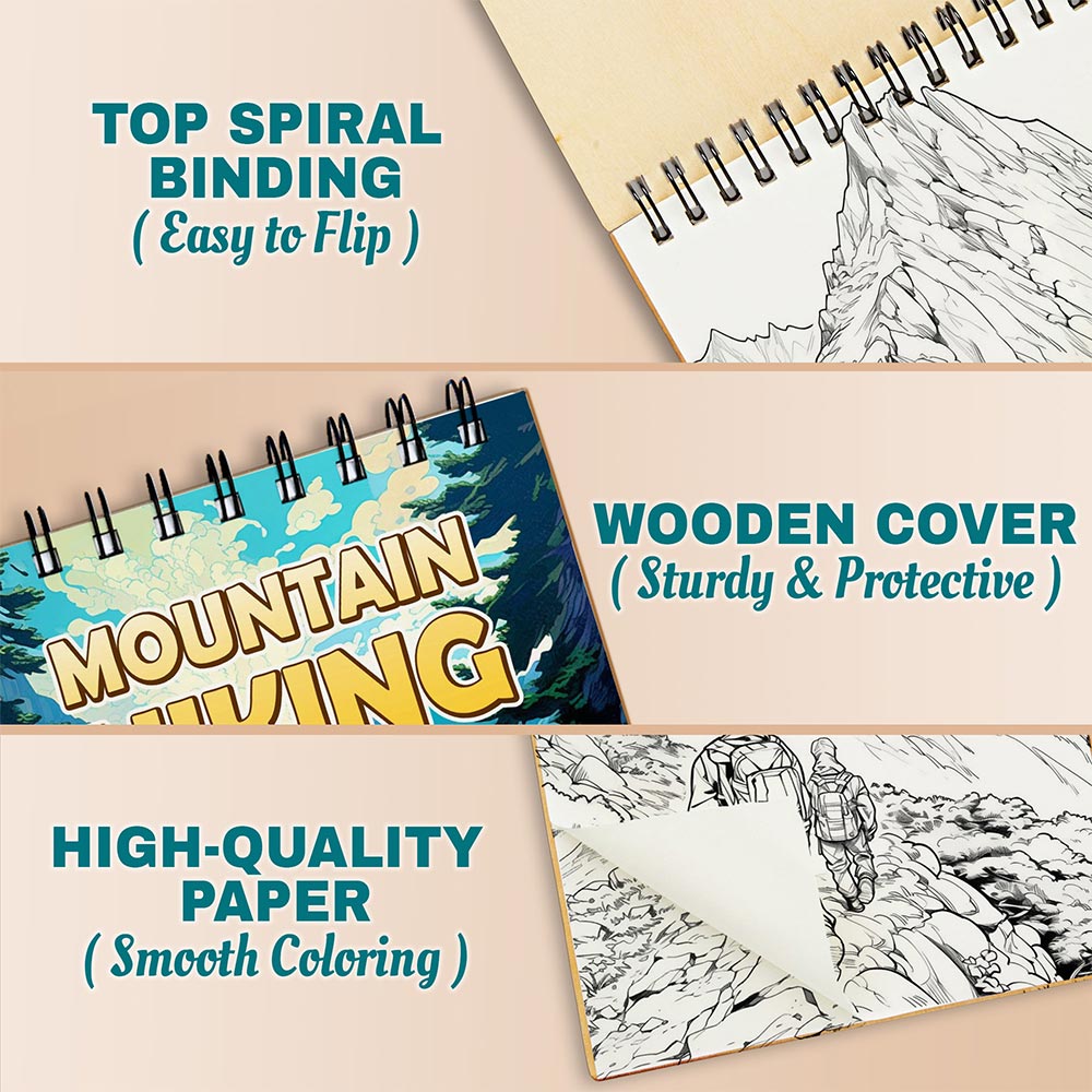 Mountain Hiking Coloring Book Spiral Bound For Adults, A5 Wooden Cover, 30 Captivating Coloring Pages of Mountain Hiking Escapes for Stress Relief and Relaxation