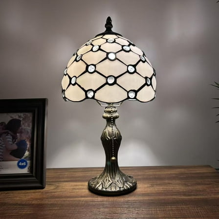 Tiffany Mini Table Lamp White Stained Glass Crystal Beans LED Bulb Included for Living Room Bedroom Bedside 15"H