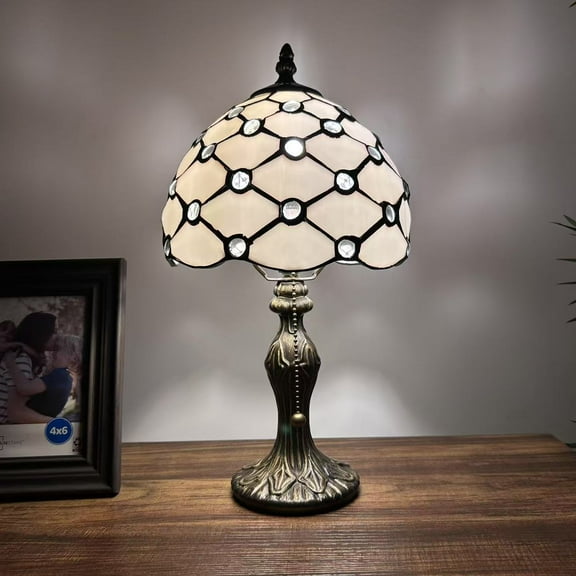 Tiffany Mini Table Lamp White Stained Glass Crystal Beans LED Bulb Included for Living Room Bedroom Bedside 15"H
