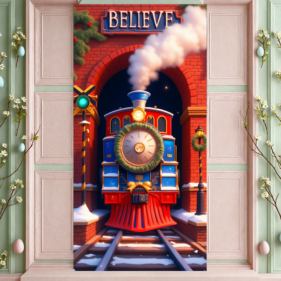 Colorful Design Holiday Banner Christmas Decoration Train Scene Decor Celebration Backdrop Believe Sign for Holiday Party Indoor Festive Gathering