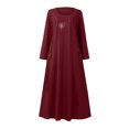 thumbnail image 4 of Robe en Lin de Coton pour Femmes Col Rond Imprimé Manches Longues Décontractée Ample Fluide Vacances Longue Robe avec Poches, 4 of 5