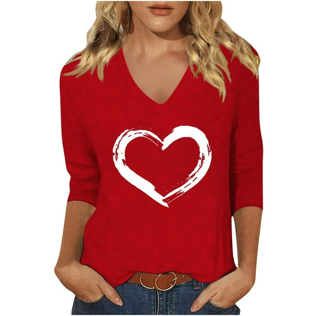 Timegard Haut Grande Taille pour Femmes Col en V T-Shirts Confortables Imprimé Saint-Valentin Manches 3/4 Décontracté