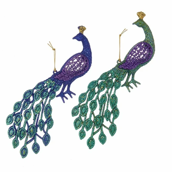 Set Of 2 Large Acrylic Glitter Peacock Christmas Ornaments, 8" Long, Kurt Adler