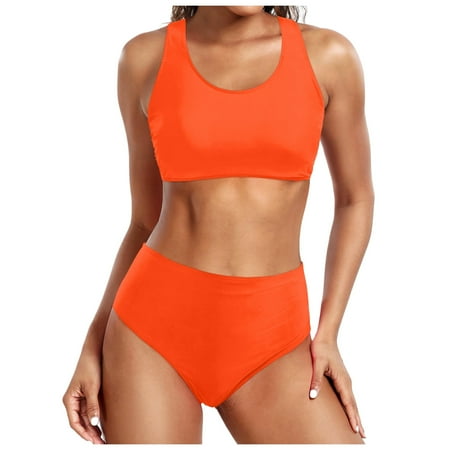 TOWED22 Women s Crop Top High Waisted Cheeky Bikini Set Solid Color Two Piece SwimsuitsOrange XL