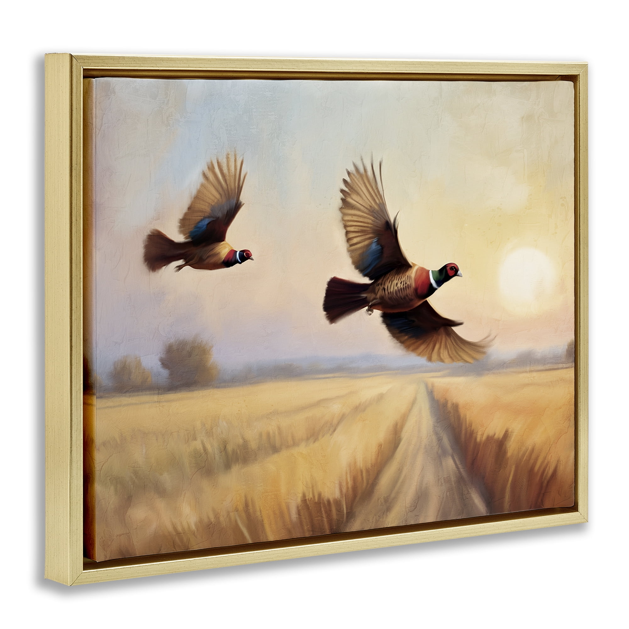 Stupell Industries Fall Flight Pheasants Landscape & Nature Painting Gold Floater Framed Canvas Art Print Wall Art, 21 x 17