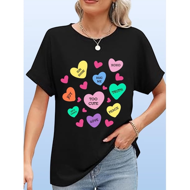 Cotton Printed Round Neck Women, Cute Valentines Shirt, Gift For Friend, Valentines Day Shirts, ValeCamisetas para mujer, lindas camisetas con estampado gráfico, de manga corta, estilo casual, para ve