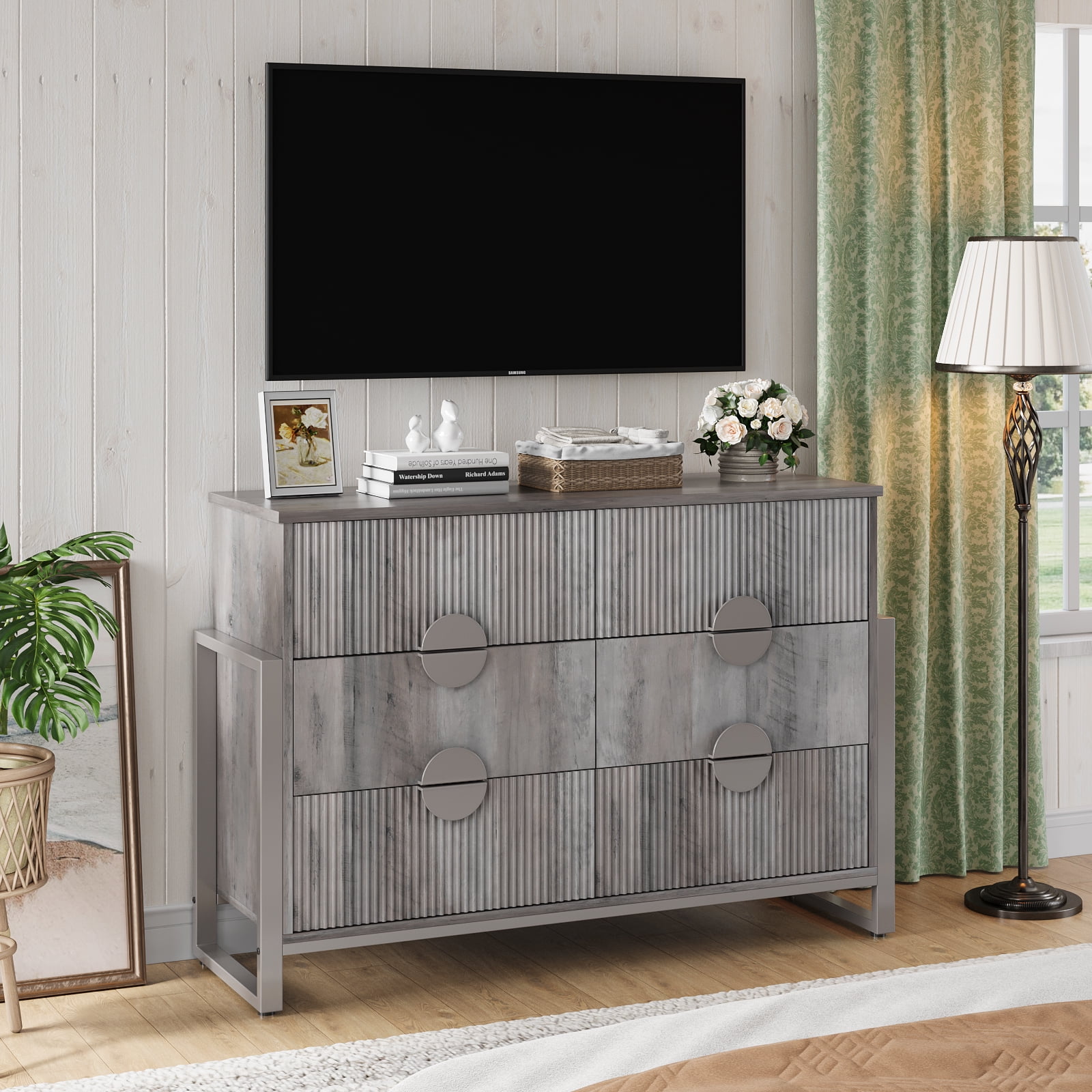 Holliwill 6 Drawer Dresser for Bedroom, Fluted Dresser Chest of Drawers for Living Room, Hallway, Gray