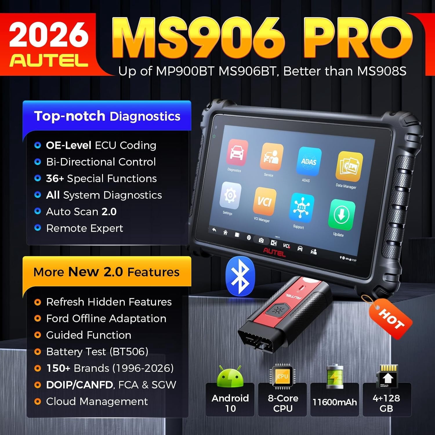 Autel MaxiSYS MS906 PRO Scanner: V2.0 Same as MS906MAX Up of MS906BT MP900BT MS908S, CAN FD DoIP, 36+ Resets, Bidirectional 3K+ Tests, Full Diagnostic, Auto Scan 2.0, FCA