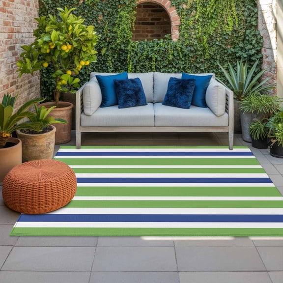 Outdoor Rug 3x5 ft Green Stripe Outdoor Large Area Rug Non Slip Rubber Blue And White Front Door Mat RV Rug Camping Carpet Patio Outdoor Rugs for Backyard Balcony Deck Porch Indoor